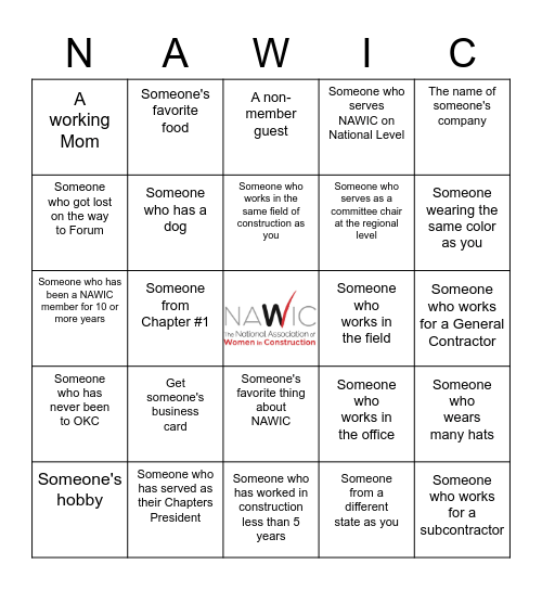 NAWIC First Timers Bingo Card