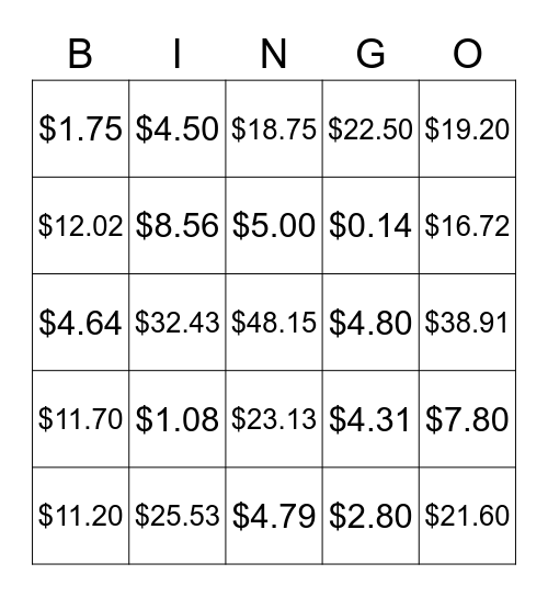 Tip, Tax, Discount, Markup Bingo Card