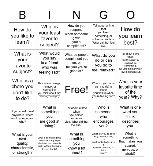 Self Awareness Bingo Card