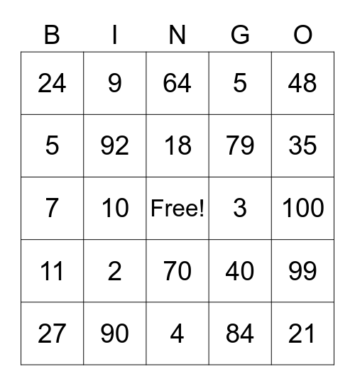 Number Bingo Card