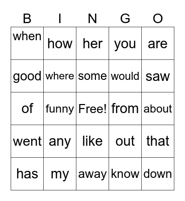 Sight Word Bingo #1 Bingo Card