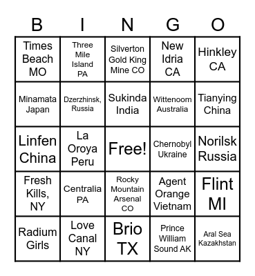Toxin Bingo Card