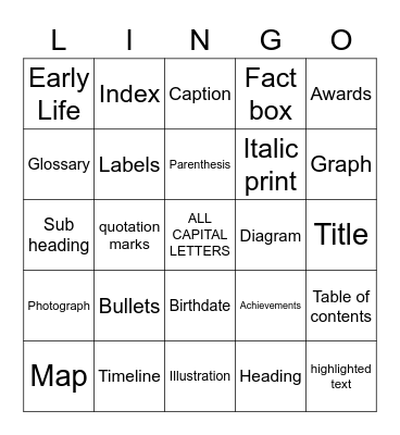 Nonfiction Features Bingo Card