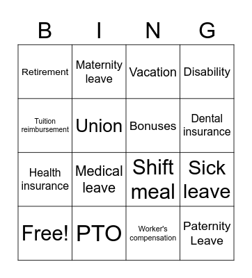Worker Benefits Bingo Card