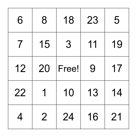 Number Bingo Card