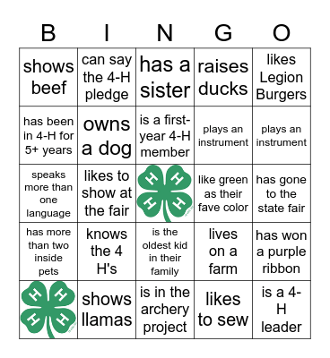 Working Farmers 4-H Get to Know You Bingo Card