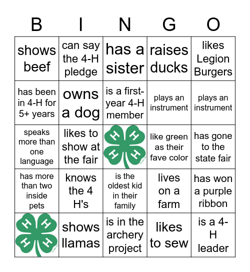 Working Farmers 4-H Get to Know You Bingo Card