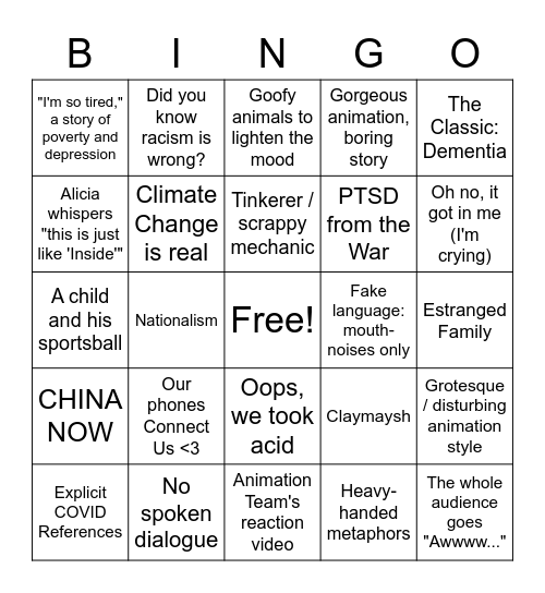 Animated Shorts Bingo Card