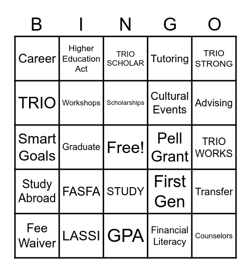 TRIO Student Support Services Bingo Card