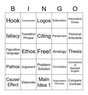 Informative & Argumentative Writing Bingo Card