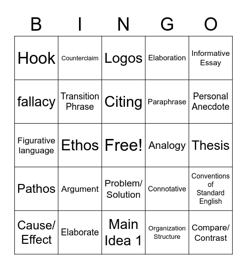 Informative & Argumentative Writing Bingo Card