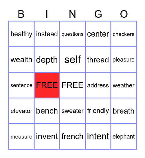 SHORT E SOUND Bingo Card