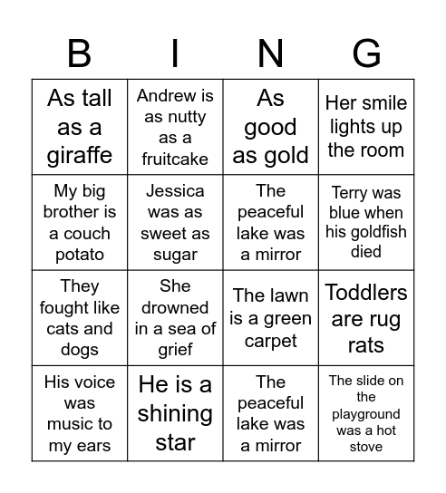 Simile and metaphor bingo! Bingo Card
