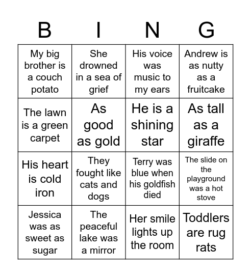 Simile and metaphor bingo! Bingo Card