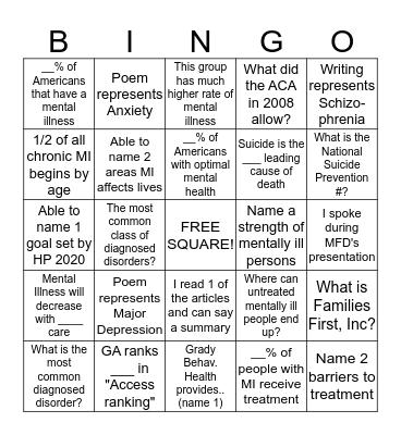 Mental Health BINGO Card