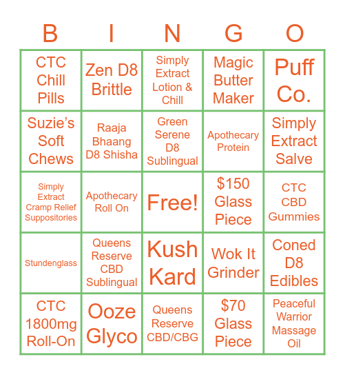 Crowntown Cannabis Staff Bingo Card