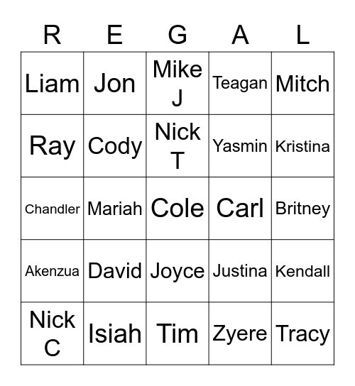 Regal Bingo Card