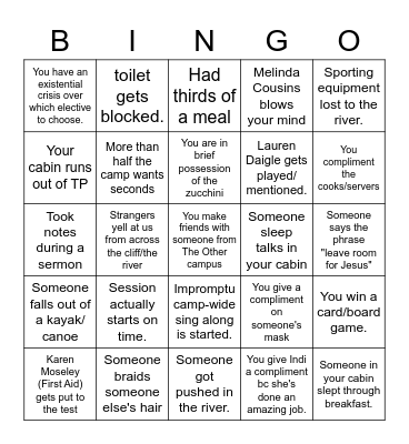 Hills Young Adults Camp 2022 Bingo Card