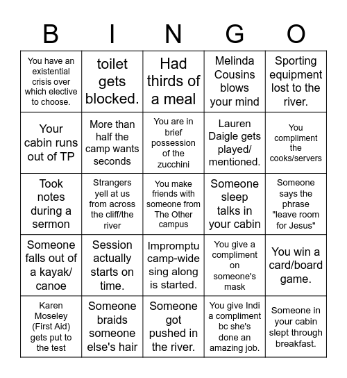 Hills Young Adults Camp 2022 Bingo Card