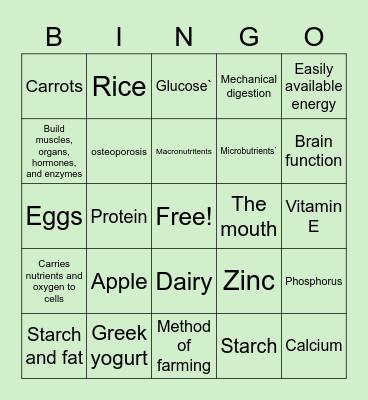 Nutrition Science Bingo Card