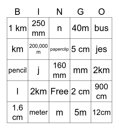 Metric Length Bingo Card