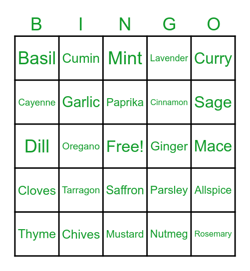 Herbs and Spices Bingo Card