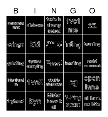 Toxic League of Legends Bingo Card