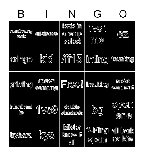 Toxic League of Legends Bingo Card