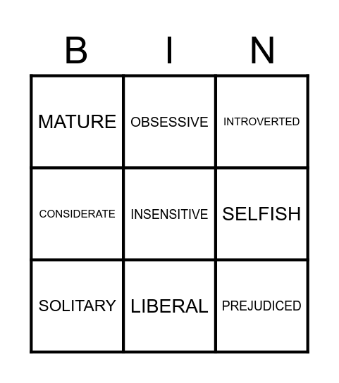 PERSONALITY Bingo Card