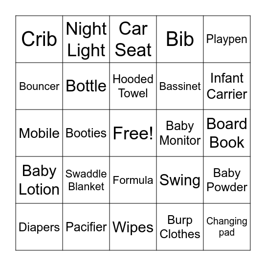 Baby Shower Bingo Card