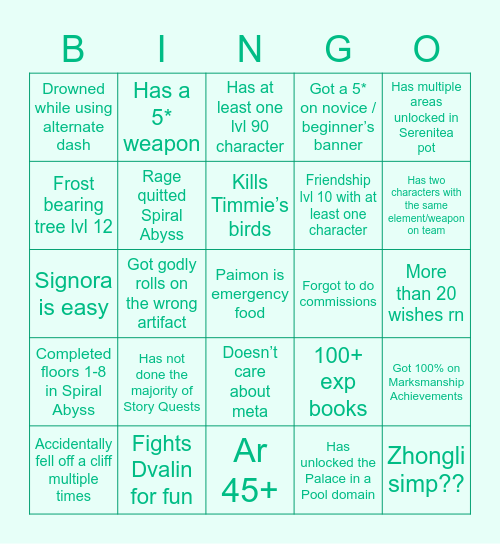 Genshin Bingo ig Bingo Card