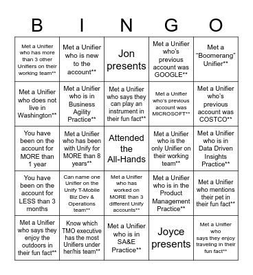 Unify SAL - March 2022 Bingo Card