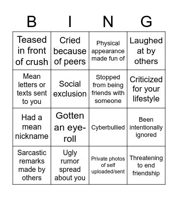 Relational Aggression Bingo Card