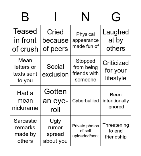 Relational Aggression Bingo Card