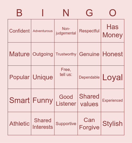 Friendship Bingo Card