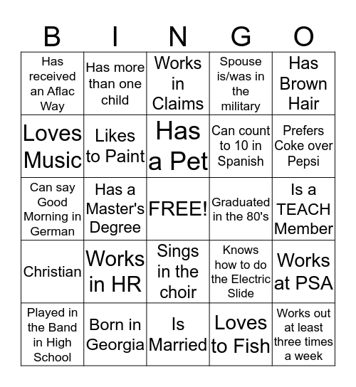 AFLAC Bingo Card