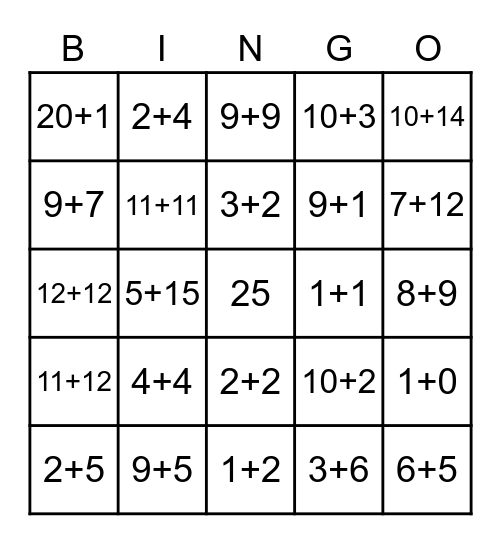 1 - 20 Addition Bingo Card