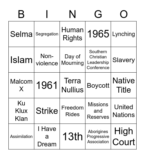 Rights and Freedoms Revision Bingo Card