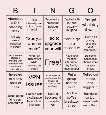 Remote Work Bingo Card