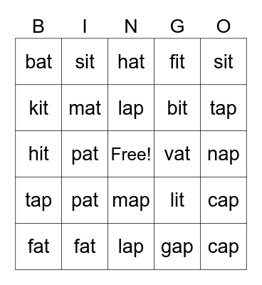 At and sight words Bingo Card