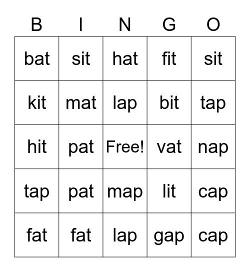 At and sight words Bingo Card