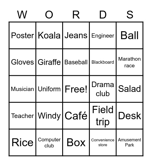 Vocabulary Bingo Card