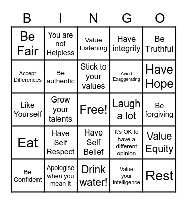 Values for Life Bingo Card