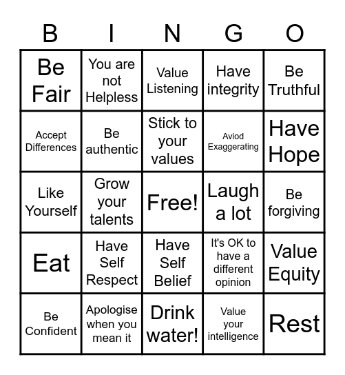 Values for Life Bingo Card