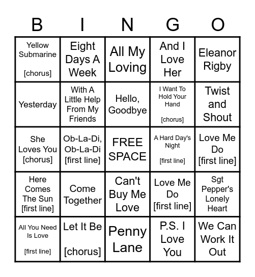 The Beatles [Sing first line or Chorus when asked] Bingo Card