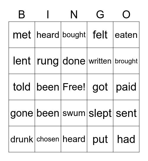 Irregular Verbs Bingo Card