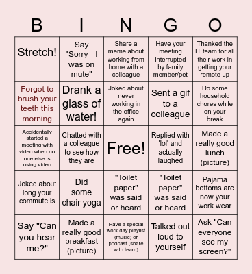 Remote Work Bingo Card