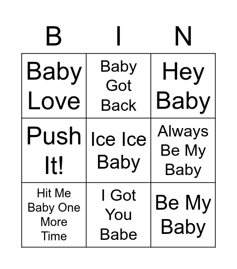 Name That BABY Song Bingo Card