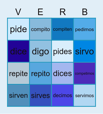 E to I Stem Changing Verbs Bingo Card