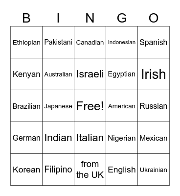 Nationalities Bingo Card